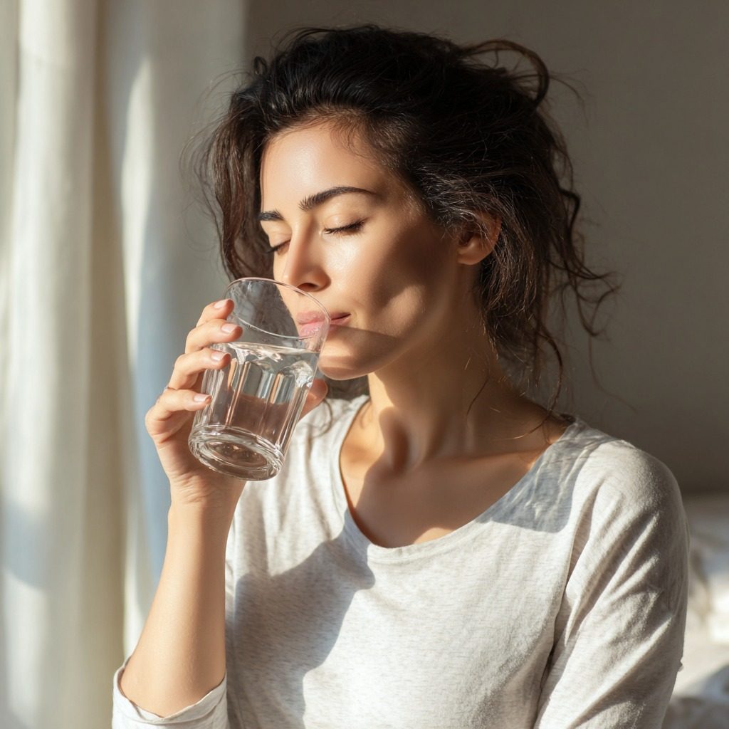 Woman staying hydrated with water after massage therapy session for optimal recovery