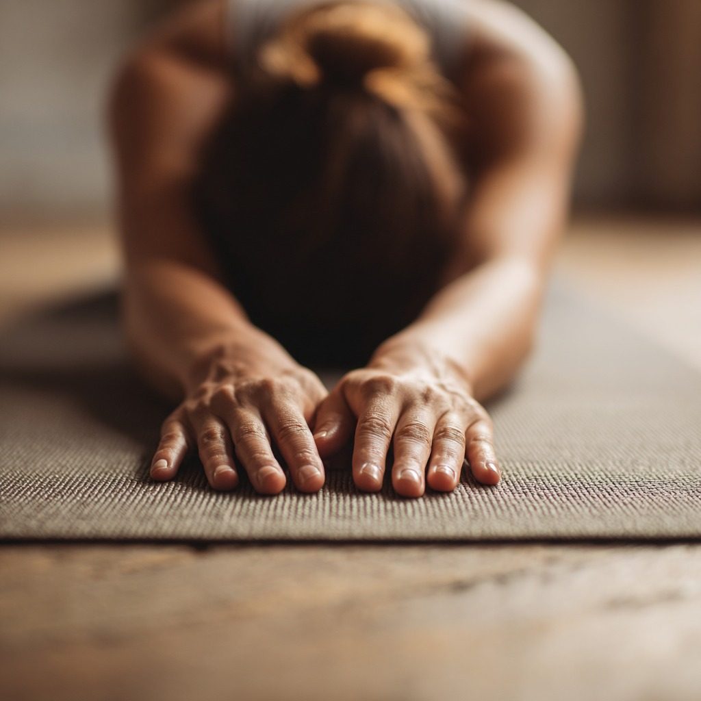 Demonstration of child's pose stretch position for post-massage routine