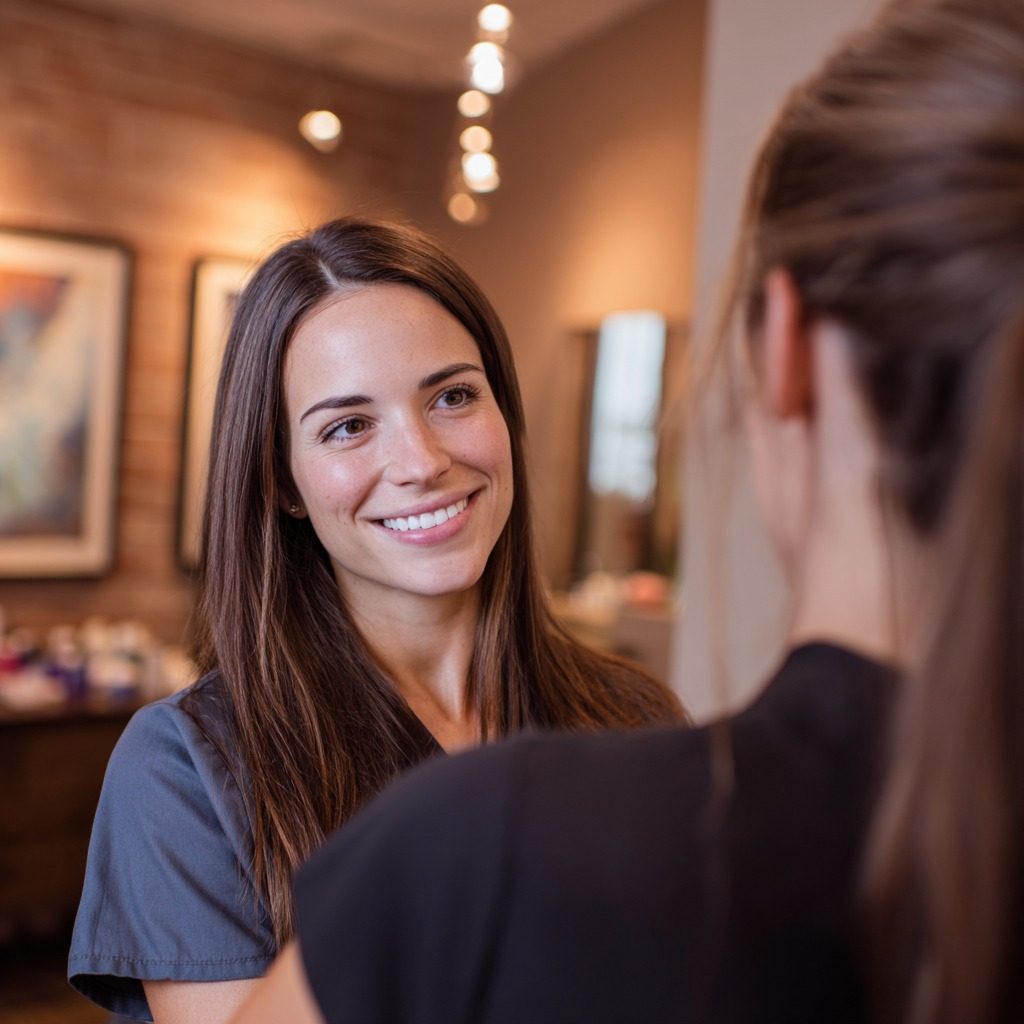 Massage therapist consulting with client to determine best massage modality for their needs