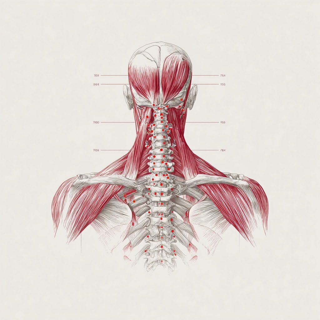 Anatomical illustration of neck and shoulder muscles showing common tension areas